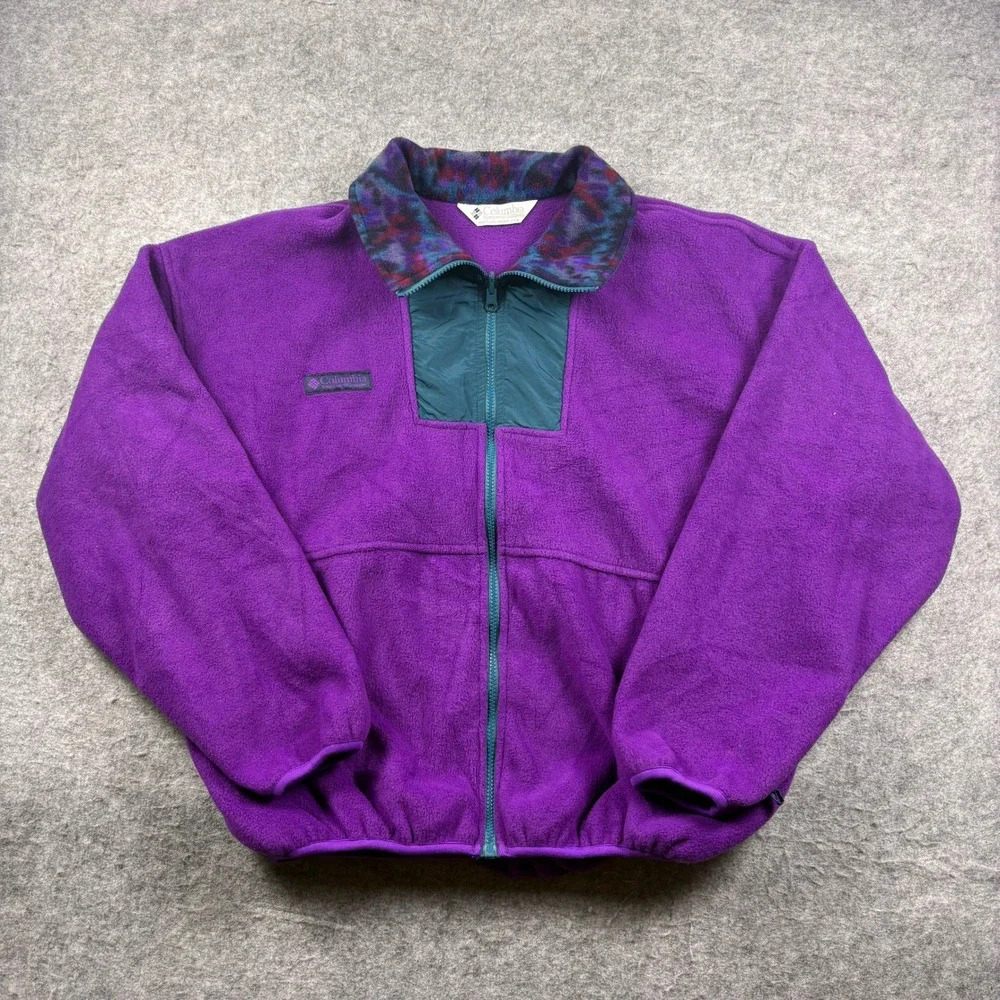 Vintage 90s Columbia Fleece Jacket Purple Teal Pattern Collar Made in USA Large